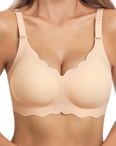 HORISUN Damen-BH gewellt nahtlos V-Ausschnitt Spitze Blumenmuster drahtlos Bralette festes Polster ohne Bügel BH (Hautfarben 3XL) von HORISUN