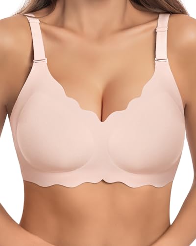 HORISUN Damen-BH gewellt nahtlos V-Ausschnitt Spitze Blumenmuster drahtlos Bralette festes Polster ohne Bügel BH (Rosa L) von HORISUN