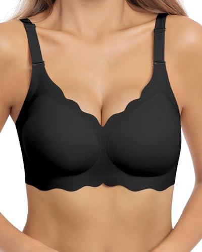 HORISUN Damen-BH gewellt nahtlos V-Ausschnitt Spitze Blumenmuster drahtlos Bralette festes Polster ohne Bügel BH (Schwarz XXL) von HORISUN