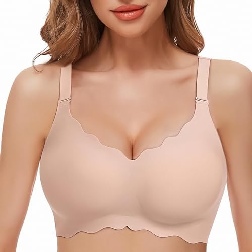 HORISUN Drahtlose BHS für Damen, ohne Bügel, V-Ausschnitt, Bralettes mit Unterstützung, Komfort, glättender T-Shirt-Nahtlos-BH (Brazsyle-Nude L) von HORISUN