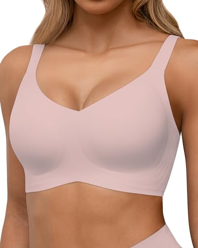 HORISUN Nahtlose BHS, vollständige Abdeckung, kabelloser Push-up-BH für Damen, Bequeme Bralettes mit V-Ausschnitt und Unterstützung (Rosa XL) von HORISUN