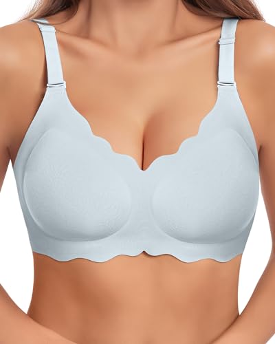 HORISUN Nahtloser Damen-BH, gewellt, V-Ausschnitt, Spitze, florales Muster, ohne Bügel, Hell, blau, Medium von HORISUN