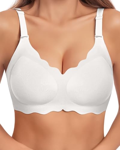 HORISUN Nahtloser Damen-BH, gewellt, V-Ausschnitt, Spitze, florales Muster, ohne Bügel, Weiss/opulenter Garten, Medium von HORISUN