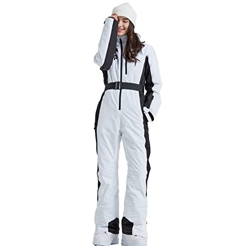 HOTIAN Damen Skianzug Damen Einteiler Skioverall Winter Warme Schnee Skifahren Winddicht Wasserdicht Outdoor Schneeoverall Jumpsuit Mit Kapuze Verdicken Schneeanzug Ski Suit White L von HOTIAN