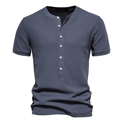 HOTIAN Herren Shirts Henley Kurzarm Shirt Sommer Herren Basic Shirts Lässige T-Shirt mit Knöpfen Waffelstrick Causal Shirt Grey L von HOTIAN