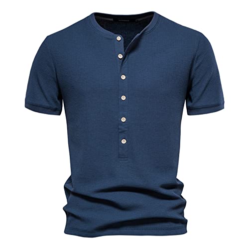 HOTIAN Herren Shirts Henley Kurzarm Shirt Sommer Herren Basic Shirts Lässige T-Shirt mit Knöpfen Waffelstrick Causal Shirt Navy L von HOTIAN