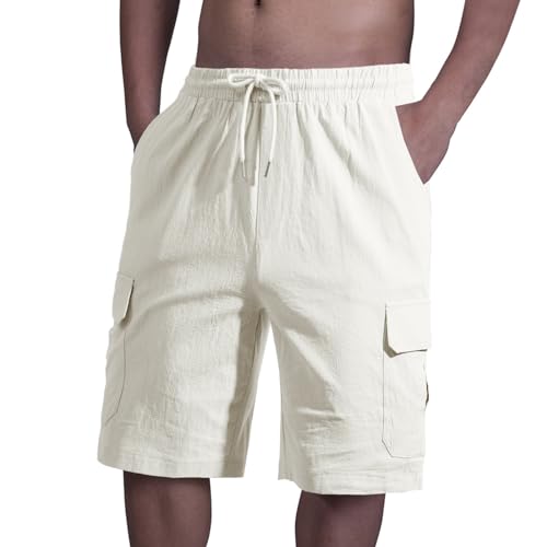 HOTIAN Herren Shorts Sommer Kurze Hosen Herren Cargo Shorts Herren Leinenhose Herren kurz Kordelzug mit Taschen Fit Freizeithose Laufshorts von HOTIAN