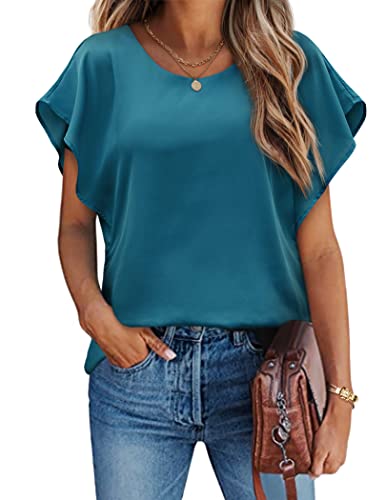 HOTOUCH Damen Chiffon Tops Lose Fledermaus Bluse Kurzarm Leichte Fließende Bluse Rundhalsausschnitt Sommer Doppellagig Tunika Top Türkisblau S von HOTOUCH