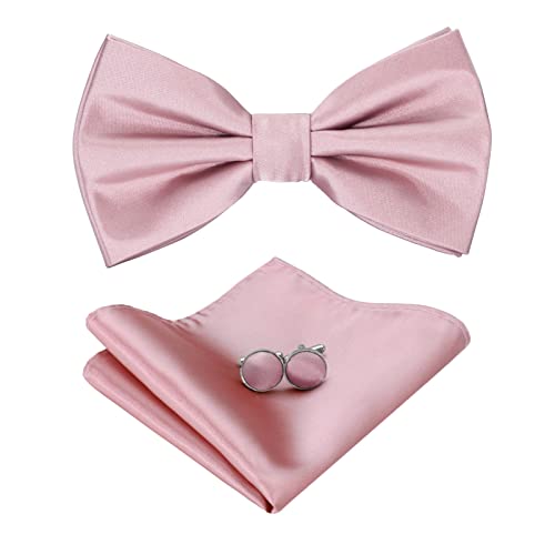 HOULIFE Fliege Set für Herren - Verstellbare vorgebundene Fliege, Satin Polyester Fliege, Einfarbig Einstecktuch, Manschettenknöpfe Set für Bräutigam Hochzeit Party Formal mit Geschenkbox, rose, L von HOULIFE