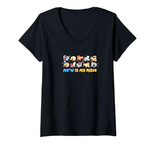 Damen Meow is my muse T-Shirt mit V-Ausschnitt Damen Meow is my muse T-Shirt mit V-Ausschnitt von HOUSE OF TURNOWSKY APPAREL