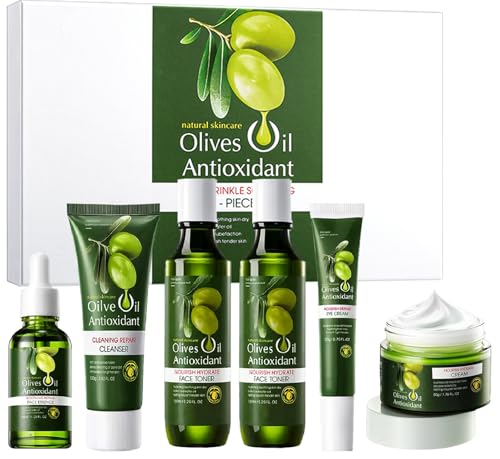 Olive Oil Skin Care Set,6-in-1-Hautpflege-Geschenkset,Anti-Falten-Hautpflege-Set,mit Reiniger-Toner - Serum-Augencreme-Gesichtscreme-Essenzöl - für alle Hauttypen bei Frauen Olive Oil Skin Care Set,6-in-1-Hautpflege-Geschenkset,Anti-Falten-Hautpflege-Set,mit Reiniger-Toner - Serum-Augencreme-Gesichtscreme-Essenzöl - für alle Hauttypen bei Frauen von HOUSN
