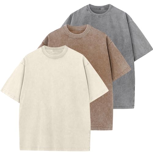 Oversized T-Shirt für Männer, Retro Washed Oberteil Baumwolle Übergröße Unisex Mode Hip Hop Vintage Tshirts(BraunBeigeGrau L) von HOUZONIY