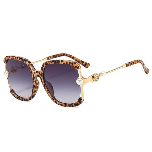 HPIRME Halbrahmen-Frauen-Quadrat-Perlen-Sonnenbrille für weibliche Schatten-Sonnenbrille, übergroße Brillen für Damen, UV400, Leopard, Einheitsgröße von HPIRME