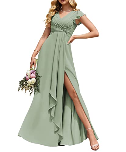 Hochzeitskleid, elegant, lang, Empire-Taille, plissiert, fließende Rüschen, Abendkleid, Ballkleid mit Schlitz, salbeigrün, 38 von HPPEE