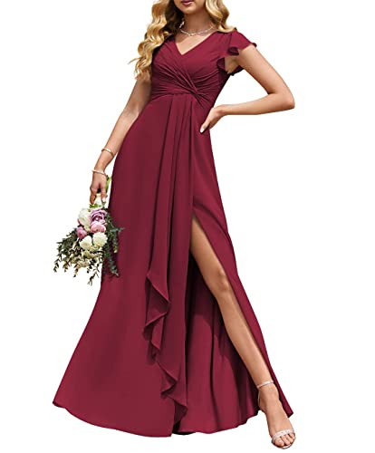 Hochzeit Trauzeugin Kleider Elegante Lange Reich Taille Plissee Flowy Rüschen Abend Ballkleider mit Schlitz, Desert Rose, 50 von HPPEE