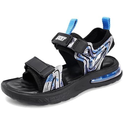 HSNA Kinder Sandalen mit Luftkissen Jungen Strandschuhe Weiche Sohle Peeptoe Sommerschuhe, Schwarz und Blau 37 EU von HSNA