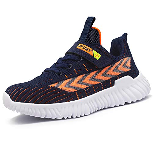 HSNA Unisex-Kinder Sportschuhe Atmungsaktiv Hallenschuhe Freizeit Turnschuhe Klettverschluss Sneaker für Jungen Mädchen(Dunkelblau und Orange 28) von HSNA