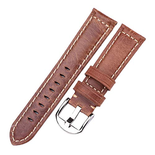 HTFKFW Uhrenarmband, 22mm/24mm Echtes Leder Atmungsaktive Retro Armband Frauen Männer Glatte Edelstahl Dornschließe Uhrenarmband (Color : Brown_22mm) von HTFKFW