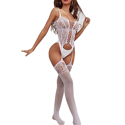 HTRUIYATY Damen Catsuit offener Schritt Sexy Fishnet Bodysuit Hohle Jumpsuit Bodystocking Ärmellos Body Sexy Strumpfhose Dessous von HTRUIYATY