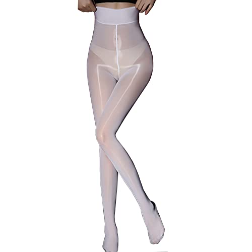 HTRUIYATY Damen Sexy Öl Glänzend Strumpfhosen 8 DEN Transparent Reißfest Hohe Taille Seidenglatt Feinstrumpfhose Weiß von HTRUIYATY