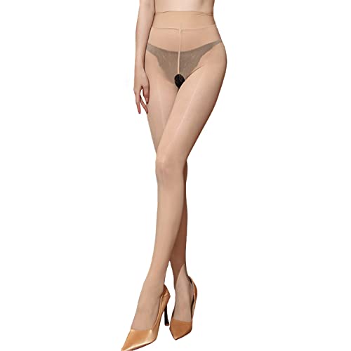 HTRUIYATY Damen Strumpfhose Glänzend Strümpfe Hohe Taille Öl Glanz Strumpfhosen Beige von HTRUIYATY