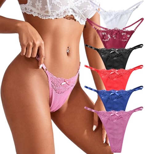 HTRUIYATY Damen Tanga Einstellbare Hohe Elastizität Niedrige Taille Baumwollfutter Thong Spitze Unterhosen 6er Pack Mehrfarbig von HTRUIYATY