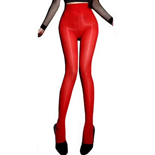 HTRUIYATY Strumpfhosen für Damen Glänzende Strumpfhose Hoher Taille Dehnbar Stützstrumpfhose Semi-Blickdicht Feinstrumpfhose 8d Damen Sexy Rot von HTRUIYATY