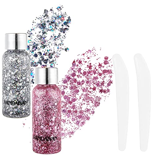 KöRper Glitzer Gel Glitter Liquid Face Body Glitter Gel Festival Glitter Mermaid Sequins Chunky Glitter Liquid Gesicht Haar Make-up Long Lasting Sparkling Mit 1 LöFfel Silber+Rosa von HTRUIYATY