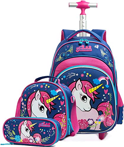 HTgroce Einhorn Schulranzen Rucksack Trolley mit 2 Rollen für Kinder Mädchen,Nylon,Kinder Schultrolley Geeignet für Schule und Reise,Mit Essensbeutel und Federmäppchen von HTgroce