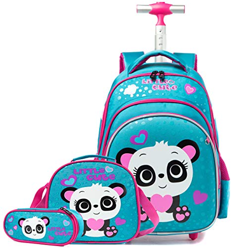 HTgroce Panda Schulranzen Rucksack Trolley mit 2 Rollen für Kinder Mädchen Junge,Nylon,Kinder Schultrolley Geeignet für Schule und Reise,Mit Essensbeutel und Federmäppchen von HTgroce