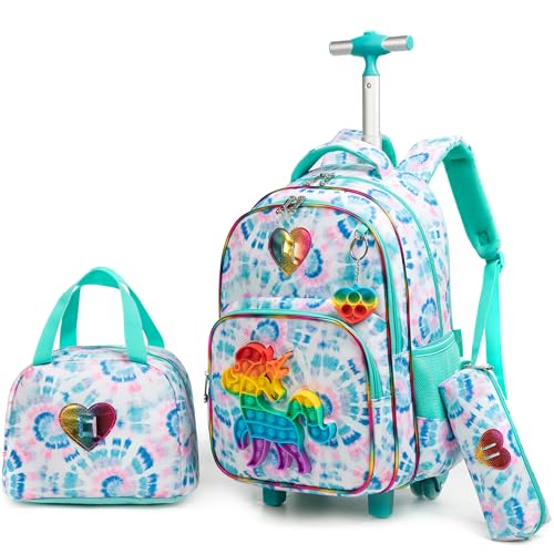 HTgroce Rollrucksack Schulranzen mit Rollen für Mädchen Rucksack mit Lunch Bag und Mäppchen Kinder School Bag Trolley von HTgroce