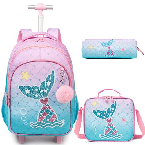 HTgroce Rucksack Mit Rollen für Kinder Mädchen, Schulranzen mit Rollen für Mädchen, Kinder Schultrolley für Schule und Reise,Mit Essensbeutel und Federmäppchen. von HTgroce