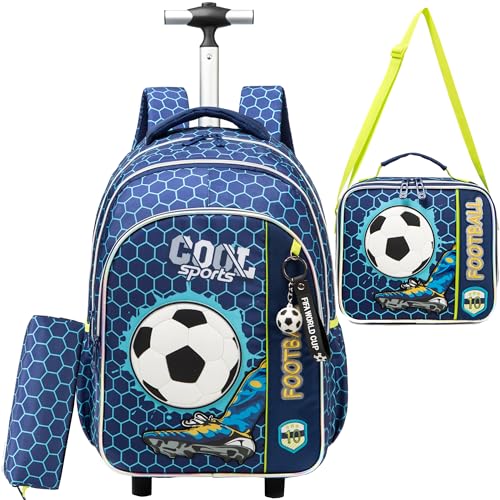 HTgroce Schulranzen Mit Rollen Rucksack Mit Rollen Rolling Backpack Trolley Kinder Schultasche Mit Rollen Fußball von HTgroce