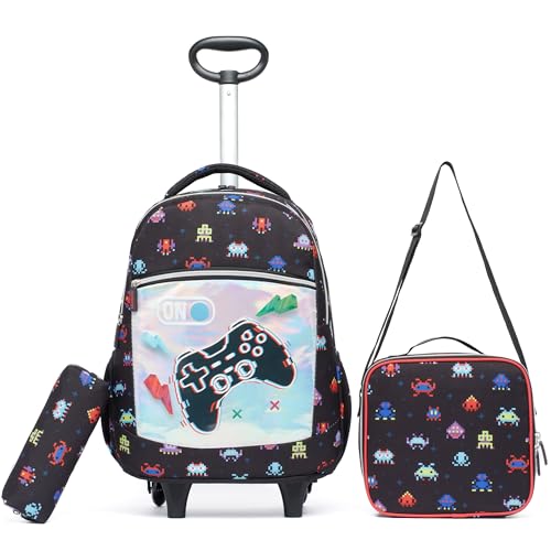 HTgroce Schulranzen mit Rollen, Rucksack mit Trolley für Kinder, ab 1. Klasse, für Schule, Reisen, Jungen Rolling Backpack for Boys von HTgroce