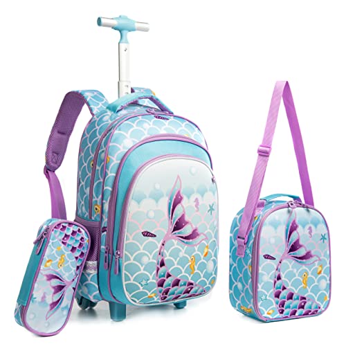 HTgroce Trolley Rucksack mit Rollen Schulranzen mit Rollen für Mädchen 16inch Meerjungfrau Schulranzen Mädchen Trolley Schultasch 3 in 1 Inklusive Lunchpaket und Federmäppchen. von HTgroce