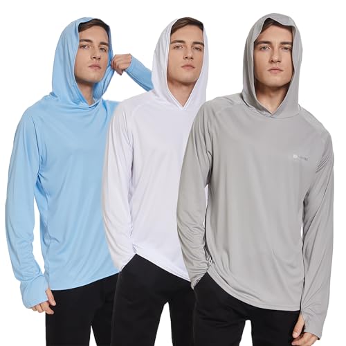 HUAKANG 3er Pack Herren Langarm Rashguard Kapuzenpullover UPF50+ Shirt Rashguard Angelbekleidung UV Sonnenschutz Surfen Schwimmen Running-0610-Blue White Grey-L von HUAKANG