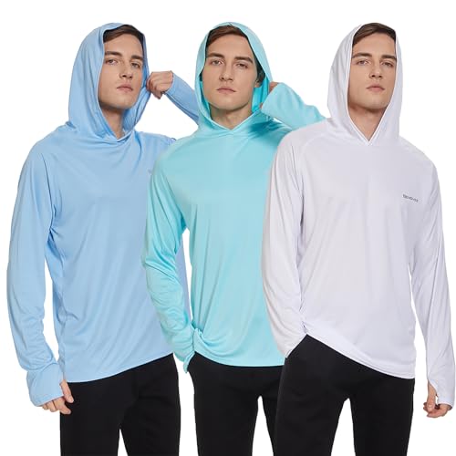 HUAKANG 3er Pack Herren Langarm Rashguard Kapuzenpullover UPF50+ Shirt Rashguard Angelbekleidung UV Sonnenschutz Surfen Schwimmen Running-0610-Blue White Lake-2XL von HUAKANG