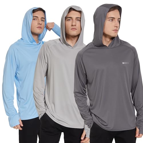 HUAKANG 3er Pack Herren Langarm Rashguard Kapuzenpullover UPF50+ Shirt Rashguard Angelbekleidung UV Sonnenschutz Surfen Schwimmen Running-0610-Grey Blue Darkgrey-S von HUAKANG