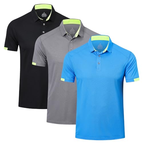 HUAKANG 3er Pack Poloshirt Herren Kurzarm Schnelltrocknend Atmungsaktives Tennis Poloshirt Herren Casual Polohemd Sommer Outdoor Sports Golf T-Shirt 0506-Balck Grey Blue-L von HUAKANG