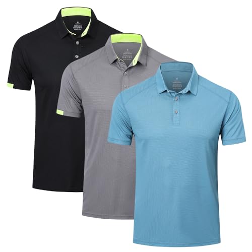 HUAKANG 3er Pack Poloshirt Herren Kurzarm Schnelltrocknend Atmungsaktives Tennis Poloshirt Herren Casual Polohemd Sommer Outdoor Sports Golf T-Shirt 0506-Black Grey Haze Blue-L von HUAKANG