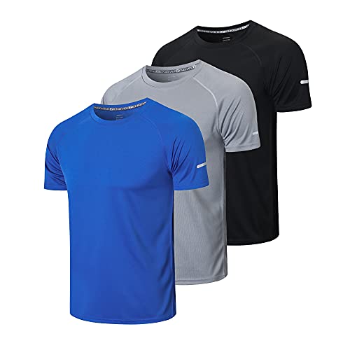 HUAKANG 3er Pack Sport Tshirts Herren Funktionsshirt Sportshirt Schnelltrocknend Atmungsaktiv Sport Shirt Männer Laufshirt Kurzarm Trainingsshirt Herren(520-Black Gray Blue-S) von HUAKANG