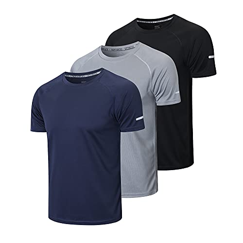 HUAKANG 3er Pack Sport Tshirts Herren Funktionsshirt Sportshirt Schnelltrocknend Atmungsaktiv Sport Shirt Männer Laufshirt Kurzarm Trainingsshirt Herren(520-Black Gray Navy-2XL) von HUAKANG