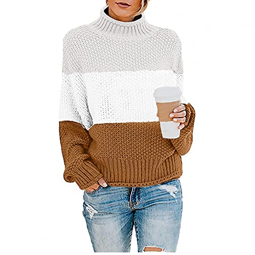 HUALONG Pullover Damen Elegant Winter Rollkragenpullover Rundhals Strickpullover Grobstrickpullover Langarm Casual Lose Langarm Pulli Oberteile Farbblock Patchwork Sweaters Tops von HUALONG