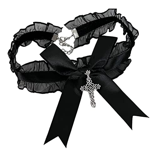 HUANIZI Choker-Halskette mit Spitze, Rüschen, niedlicher Schleifenkreuz-Anhänger, Halsbekleidung, Halloween, Gothic-Kostüm, Schmuck, Geschenk für Frauen, AS THE PIC SHOW, Stoff von HUANIZI