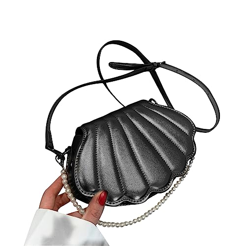 HUANIZI Damen-Umhängetasche aus Polyurethan, modische Perlenkette, Handtasche, Geldbörse, niedliche Muschelform, Umhängetasche, Kuriertasche für Abschlussball, Schwarz, 21x14x6cm von HUANIZI