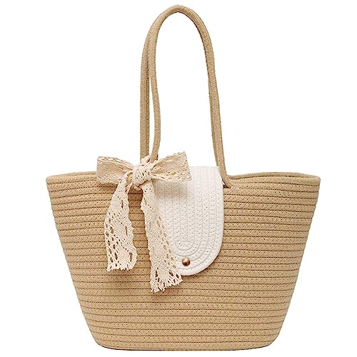 HUANIZI Stilvolle gewebte Stroh-Handtasche für Damen, Schultertasche, perfekt für Urlaub und Urlaub, Khaki, no scarf von HUANIZI