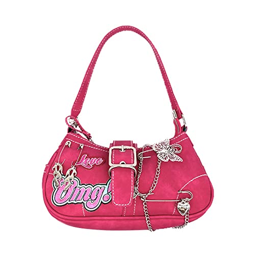 Punk-Rock Umhängetasche Mädchen Kreuz Handtasche Frauen All-Matching Kette Unterarmtasche Weiblich PU Leder Crossbody Bag Ins, Knallpink (Hot Pink), AS THE PIC SHOW von HUANIZI