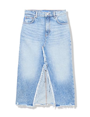 HUGO Damen Mid Length Ripped Denim Skirt Rock, Blau verblasst, X-Klein von HUGO