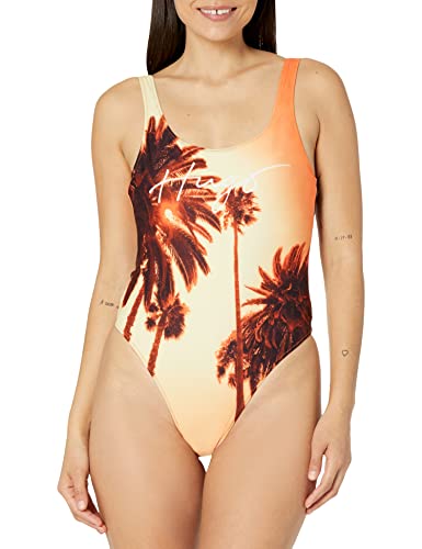 HUGO Damen Sportlicher einteiliger Script-Logo und Palmenmuster Badeanzug, Sunset Orange/Grey Palm, S von HUGO