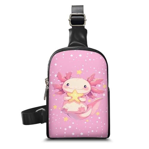 HUGS IDEA Brusttasche für Damen, Leder, Umhängetasche, Rucksack, verstellbar, leicht, Reisen, Wandern, lässiger Tagesrucksack, Rosa Axolotl von HUGS IDEA